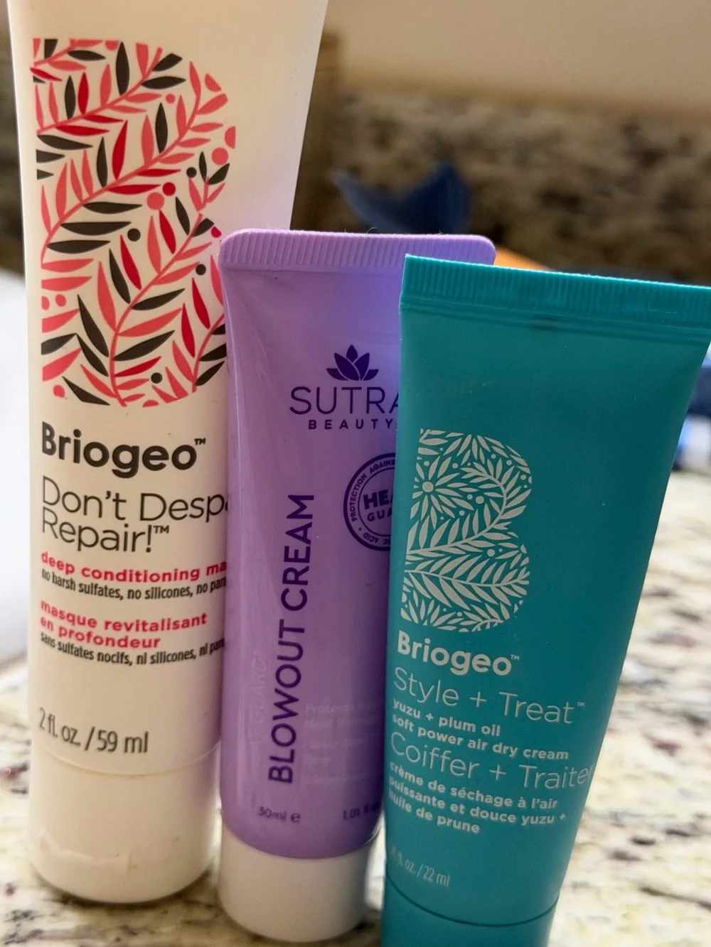 Set of 3 Style + Treat Travel-Size Tubes of hair care. 2 Briogeo and 1 Sutra